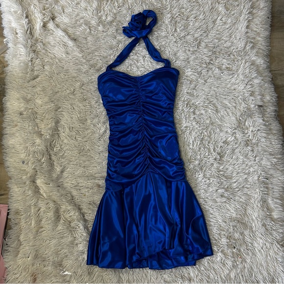 Y2K Le Chateau Halter Ruched Frill Cobalt Blue Formal Dress - Picture 3 of 7